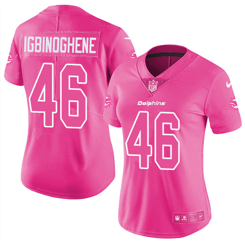 Nike Miami Dolphins 46 Noah Igbinoghene Pink Women Stitched NFL Limited Rush Fashion Jersey
